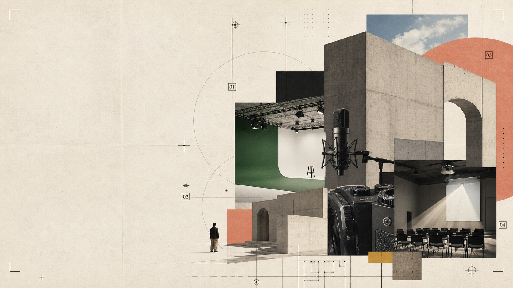 Editorial collage with studio room fragments, camera equipment, and Carrollton creative space cues